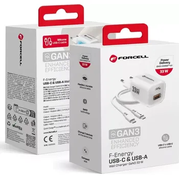 F-ENERGY Crystal Color GaN III VT-41 cestovní nabíječka se silikonovým kabelem s 1 x zásuvkou typu C + 1 x USB A, PD QC4.0 33W bílá