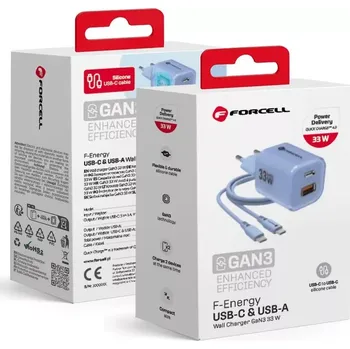 F-ENERGY Crystal Color GaN III VT-41 cestovní nabíječka se silikonovým kabelem s 1 x zásuvkou typu C + 1 x USB A, PD QC4.0 33W modrá