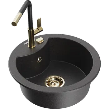 Granitový dřez Mexen Diego granitový dřez 1-komorový s kuchyňskou baterií Flora, černý skvrnitý - 6512-76-670401-57-G Granitové dřezy s baterií