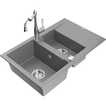 Granitový dřez Mexen Gaspar granitový dřez 1,5-komorový s odkapávačem a kuchyňskou baterií Carla, šedý - 6507-71-670700-00 Granitové dřezy s baterií