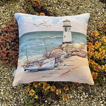 Dekorativní polštářek BYTEMA Gobelínový povlak na polštář MAJÁK PŘI ODLIVU 45 x 45 cm