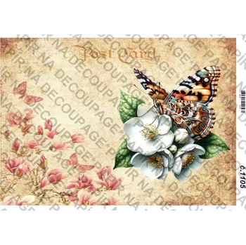 Umělecký papír Rýžový a soft papír na decoupage - Květiny s motýlem - KB01105 Materiál: Soft, Rozměr: A4