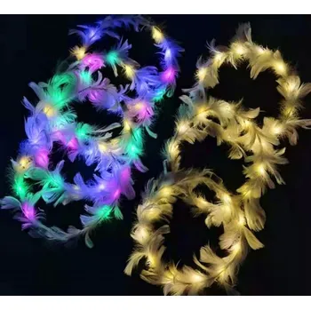 Svítící péřová čelenka bílá s bílými LED světýlky