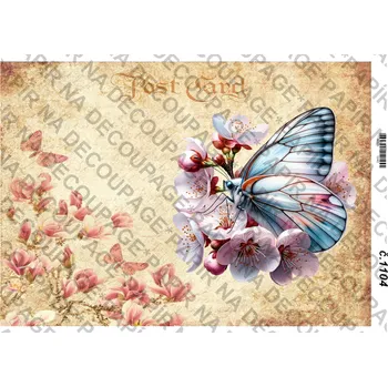 Umělecký papír Rýžový a soft papír na decoupage - Květiny s motýlem - KB01104 Materiál: Soft, Rozměr: A4