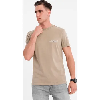 Pánské tričko Bavlněné tričko s potiskem na prsou a zádech - tmavě béžové V2 OM-TSWT-0201 - S