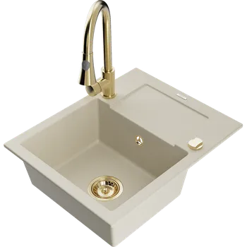 Granitový dřez Mexen Enzo granitový dřez 1-komorový s odkapávačem a kuchyňskou baterií Elia, béžový - 6506-69-670101-50 Granitové dřezy s baterií