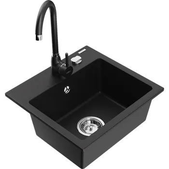 Granitový dřez Mexen Milo granitový dřez 1-komorový s kuchyňskou baterií Telma, černý - 6505-77-670200-70 Granitové dřezy s baterií