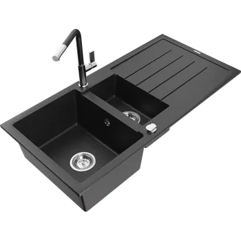 Granitový dřez Mexen Andres žulový dřez 1,5-komorový s odkapávačem a kuchyňskou baterií Flora, černý/stříbrný - 6515-73-670401-07 Granitové dřezy s baterií