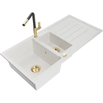 Granitový dřez MEXEN/S - Andres granitový dřez s odkapávačem včetně baterie Flora, bílá 6515-20-670401-57-G