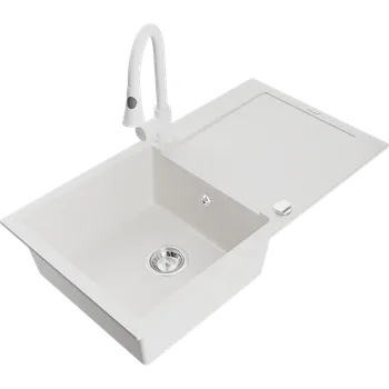 Granitový dřez Mexen Leo granitový dřez 1-komorový s odkapávačem a kuchyňskou baterií Elia, bílý - 6501-20-670101-20 Granitové dřezy s baterií