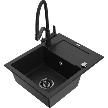 Granitový dřez Mexen Enzo granitový dřez 1-komorový s odkapávačem a kuchyňskou baterií Duo, černý - 6506-77-671701-70-B Granitové dřezy s baterií