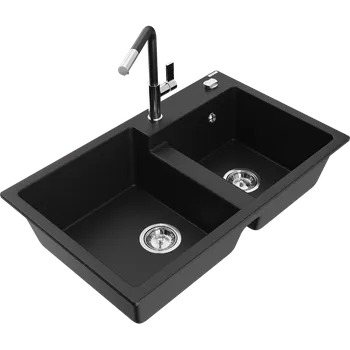 Granitový dřez Mexen Tomas žulový dřez s 2 komorami a kuchyňskou baterií Flora, černý - 6516-77-670401-07 Granitové dřezy s baterií