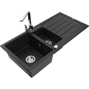 Granitový dřez Mexen Andres žulový dřez s 1,5 komorou, odkapávačem a kuchyňskou baterií Rita, černý - 6515-77-670300-00 Granitové dřezy s baterií