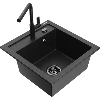 Granitový dřez Mexen Vito granitový dřez 1-komorový s kuchyňskou baterií Flora, černý/stříbrný metalický - 6503-73-670401-70-B Granitové dřezy s baterií