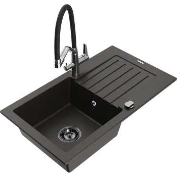 Granitový dřez Mexen Pablo granitový dřez 1-komorový s odkapávačem a kuchyňskou baterií Duo, černý/zlatý metalik - 6510-75-671701-07-B Granitové dřezy s baterií