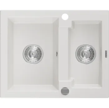 Granitový dřez Mexen Carlos granitový dřez 1,5- komorový 582 x 475 mm, bílý, sifon chromovaný - 6518581500-20 Granitové dřezy