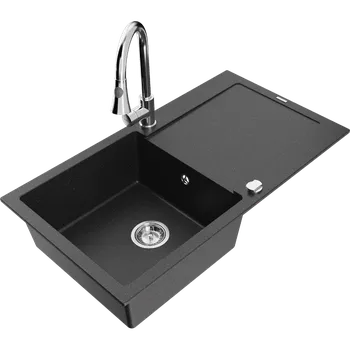Granitový dřez Mexen Leo granitový dřez s odkapávačem a kuchyňskou baterií Elia, černý/stříbrný metalik - 6501-73-670101-00 Granitové dřezy s baterií