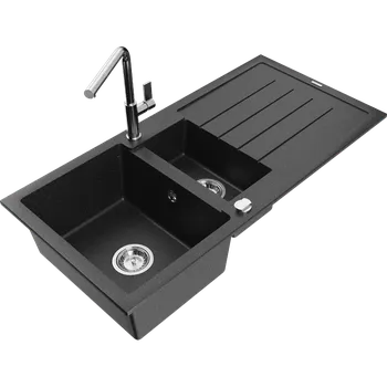 Granitový dřez Mexen Andres žulový dřez 1,5 komorový s odkapávačem a kuchyňskou baterií Flora, černý/stříbrný - 6515-73-670401-00 Granitové dřezy s baterií