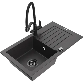 Granitový dřez Mexen Pablo granitový dřez s 1 komorou, odkapávačem a kuchyňskou baterií Duo, černý kropenatý - 6510-76-671701-70-B Granitové dřezy s baterií