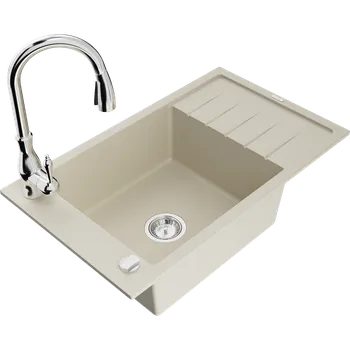 Granitový dřez Mexen Elias granitový dřez 1-komorový s odkapávačem a kuchyňskou baterií Savita, béžový - 6511-69-672601-00 Granitové dřezy s baterií