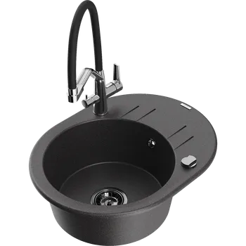 Granitový dřez Mexen Kevin granitový dřez 1-komorový s kuchyňskou baterií Duo, černý s tečkami - 6517-76-671701-07-B Granitové dřezy s baterií