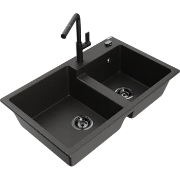 Granitový dřez Mexen Tomas dřez granitový 2-komorový s kuchyňskou baterií Flora, černý/zlatý metalik - 6516-75-670401-70-B Granitové dřezy s baterií