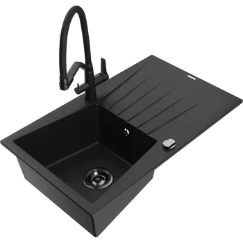 Granitový dřez Mexen Cesar granitový dřez s 1 komorou, odkapávačem a kuchyňskou baterií Duo, černý - 6514-77-671701-70-B Granitové dřezy s baterií