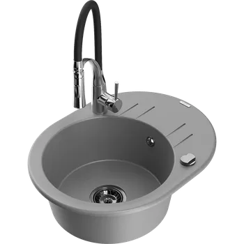 Kuchyňský dřez Mexen Kevin jednokomorový žulový dřez s odkapávačem a kuchyňskou baterií Aster, šedý - 6517-71-73450-07-B Granitové dřezy s baterií
