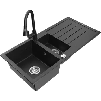 Granitový dřez Mexen Andres žulový dřez 1,5-komorový s odkapávačem a kuchyňskou baterií Elia, černý/stříbrný metalický - 6515-73-670101-70 Granitové dřezy s baterií