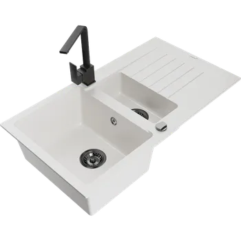 Granitový dřez Mexen Matias granitový dřez 1,5-komorový s odkapávačem a kuchyňskou baterií Rita, bílý - 6502-20-670300-70 Granitové dřezy s baterií