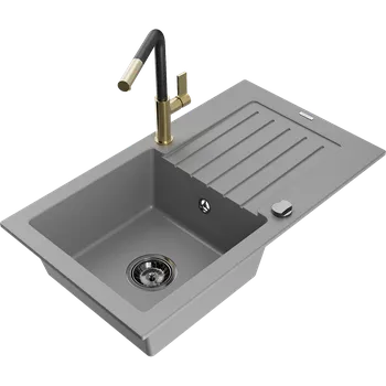 Granitový dřez Mexen Pablo granitový kuchyňský dřez s odkapávačem a kuchyňskou baterií Flora, šedý - 6510-71-670401-57-B Granitové dřezy s baterií