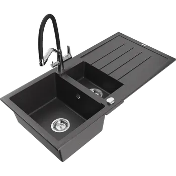 Granitový dřez Mexen Andres granitový dřez 1,5-komorový s odkapávačem a kuchyňskou baterií Duo, černý s kropenatým vzorem - 6515-76-671701-07 Granitové dřezy s baterií