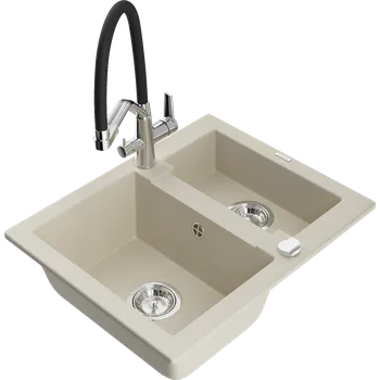 Granitový dřez Mexen Carlos granitový dřez 1,5-komorový s kuchyňskou baterií Duo, béžový - 6518-69-671701-07 Granitové dřezy s baterií