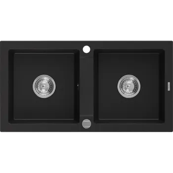 Granitový dřez Mexen Mario dvoukomorový žulový dřez 820 x 436 mm, černý, sifon chrom - 6504822000-77 Granitové dřezy