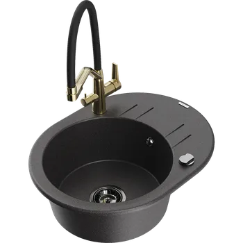 Granitový dřez Mexen Kevin granitový dřez 1-komorový s kuchyňskou baterií Duo, černý skvrnitý - 6517-76-671701-57-B Granitové dřezy s baterií