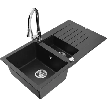 Granitový dřez Mexen Matias žulový dřez 1,5-komorový s odkapávačem a kuchyňskou baterií Elia, černý/stříbrný metalík - 6502-73-670101-00 Granitové dřezy s baterií