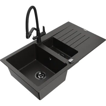 Granitový dřez Mexen Matias žulový dřez 1,5-komorový s odkapávačem a kuchyňskou baterií Duo, černý/zlatý metalický - 6502-75-671701-70-B Granitové dřezy s baterií