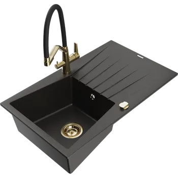 Granitový dřez Mexen Cesar granitový dřez 1-komorový s odkapávačem a kuchyňská baterie Duo, černý/zlatý metalik - 6514-75-671701-57-G Granitové dřezy s baterií