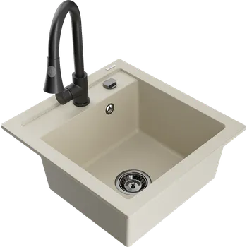 Granitový dřez Mexen Vito granitový dřez 1-komorový s kuchyňskou baterií Elia, béžový - 6503-69-670101-70 Granitové dřezy s baterií
