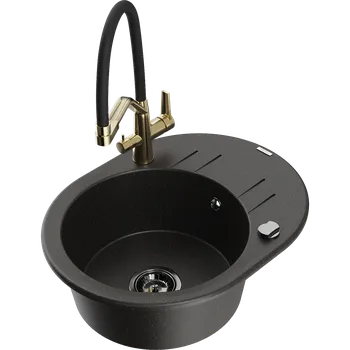 Granitový dřez Mexen Kevin granitový dřez 1-komorový s kuchyňskou baterií Duo, černý/zlatý metalický - 6517-75-671701-57-B Granitové dřezy s baterií