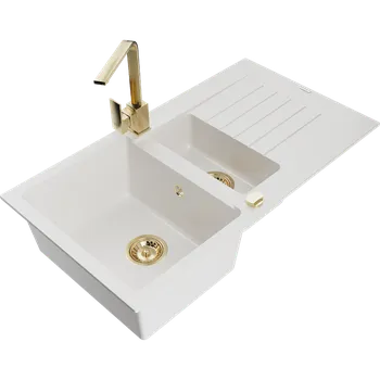 Granitový dřez Mexen Matias žulový dřez 1,5-komorový s odkapávačem a kuchyňskou baterií Rita, bílý - 6502-20-670300-50 Granitové dřezy s baterií