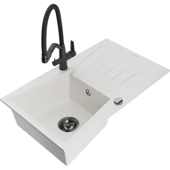 Granitový dřez Mexen Cesar granitový dřez 1-komorový s odkapávačem a kuchyňskou baterií Duo, bílý - 6514-20-671701-70-B Granitové dřezy s baterií