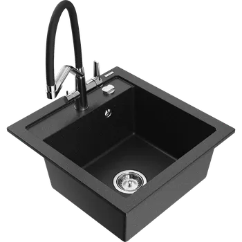 Granitový dřez Mexen Vito granitový dřez 1-komorový s kuchyňskou baterií Duo, černý/stříbrný metalik - 6503-73-671701-07 Granitové dřezy s baterií
