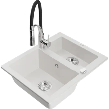 Granitový dřez Mexen Carlos granitový dřez 1,5-komorový s kuchyňskou baterií Aster, bílý - 6518-20-73450-07 Granitové dřezy s baterií