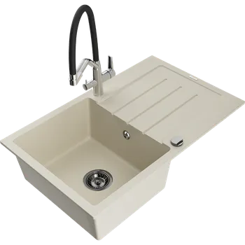 Mexen Bruno granitový dřez 1-komorový s odkapávačem a kuchyňskou baterií Duo, béžový - 6513-69-671701-07-B Granitové dřezy s baterií