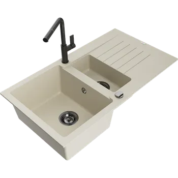 Granitový dřez Mexen Matias žulový dřez 1,5 komorový s odkapávačem a kuchyňskou baterií Flora, béžový - 6502-69-670401-70-B Granitové dřezy s baterií
