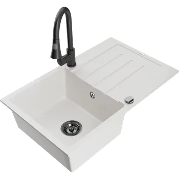 Granitový dřez Mexen Bruno granitový dřez 1-komorový s odkapávačem a kuchyňskou baterií Elia, bílá - 6513-20-670101-70 Granitové dřezy s baterií