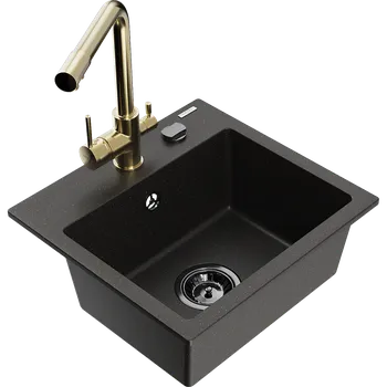 Granitový dřez Mexen Milo granitový dřez 1-komorový s kuchyňskou baterií Duero, černý/zlatý metalický - 6505-75-671600-50-B Granitové dřezy s baterií