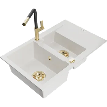 Granitový dřez Mexen Gaspar dřez žulový 1,5-miskový s odkapávačem a kuchyňskou baterií Flora, bílý - 6507-20-670401-57-G Granitové dřezy s baterií