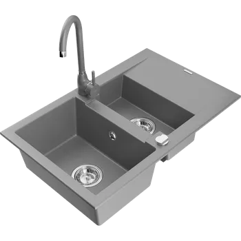 Granitový dřez Mexen Gaspar granitový dřez 1,5-komorový s odkapávačem a kuchyňskou baterií Telma, šedý - 6507-71-670200-71 Granitové dřezy s baterií